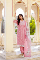 Women Candy Pink Linen Printed Kurta, Pant & Dupatta set
